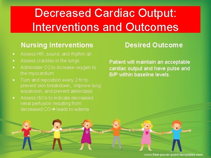 Decreased Cardiac Output: Interventions and Outcomes Nursing Interventions § § § Assess HR, sound,