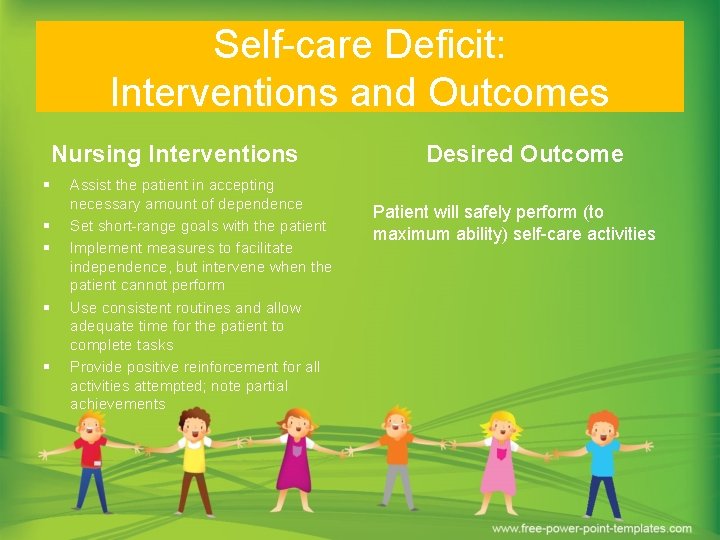 Self-care Deficit: Interventions and Outcomes Nursing Interventions § § § Assist the patient in