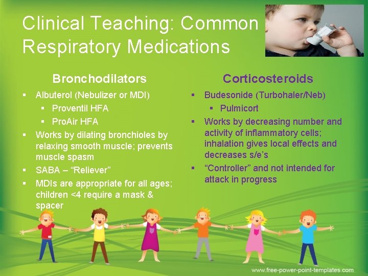 Clinical Teaching: Common Respiratory Medications Bronchodilators § § Albuterol (Nebulizer or MDI) § Proventil