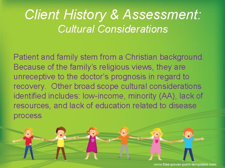 Client History & Assessment: Cultural Considerations Patient and family stem from a Christian background.