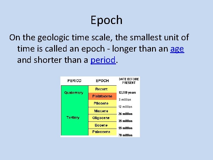 Epoch On the geologic time scale, the smallest unit of time is called an Epoch On the geologic time scale, the smallest unit of time is called an