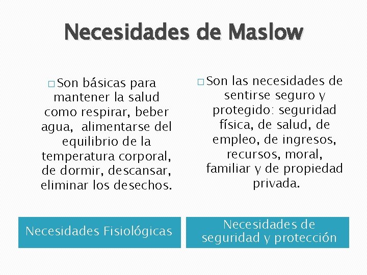 Necesidades de Maslow � Son básicas para mantener la salud como respirar, beber agua,
