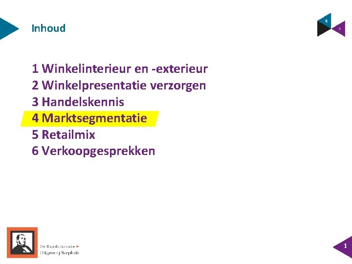 Inhoud 1 Winkelinterieur en -exterieur 2 Winkelpresentatie verzorgen 3 Handelskennis 4 Marktsegmentatie 5 Retailmix