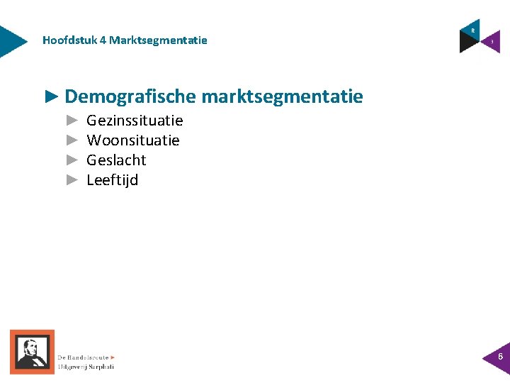 Hoofdstuk 4 Marktsegmentatie ► Demografische marktsegmentatie ► ► Gezinssituatie Woonsituatie Geslacht Leeftijd 6 