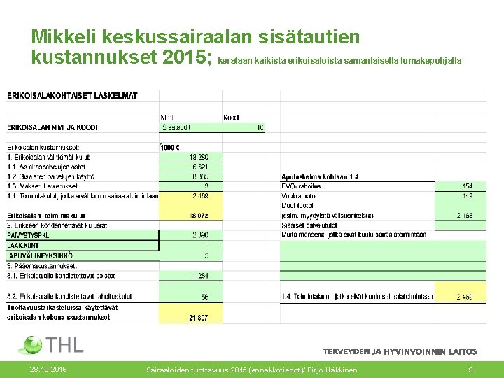 Mikkeli keskussairaalan sisätautien kustannukset 2015; kerätään kaikista erikoisaloista samanlaisella lomakepohjalla 28. 10. 2016 Sairaaloiden