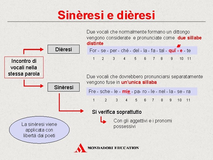 Sinèresi e dièresi Due vocali che normalmente formano un dittongo vengono considerate e pronunciate