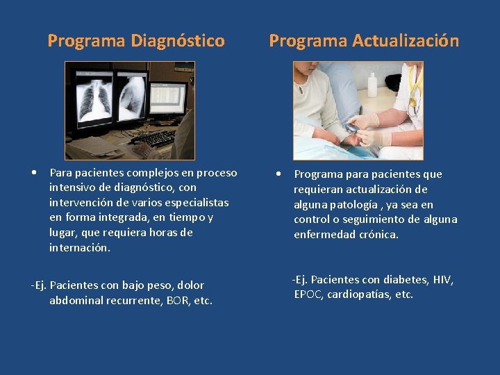 Programa Diagnóstico Programa Actualización • Para pacientes complejos en proceso intensivo de diagnóstico, con