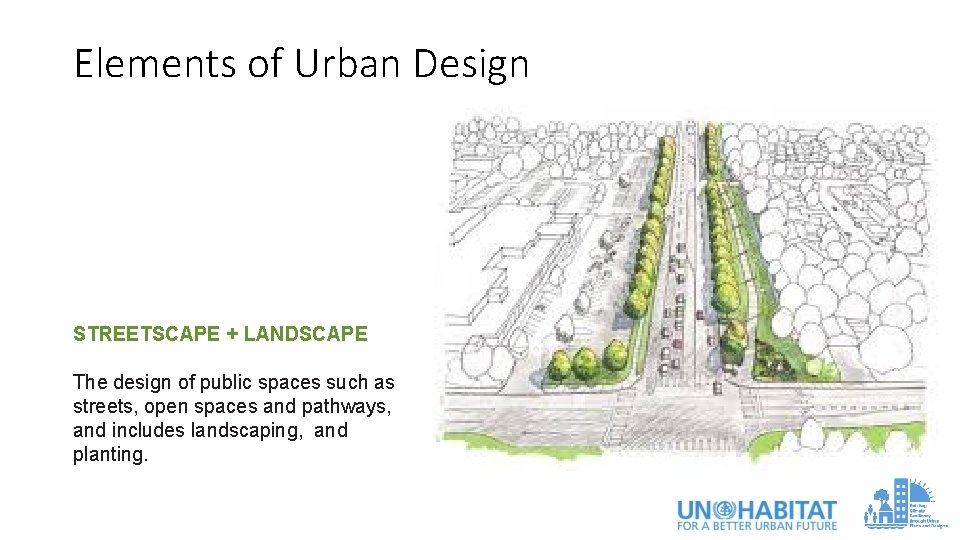 Elements of Urban Design STREETSCAPE + LANDSCAPE The design of public spaces such as