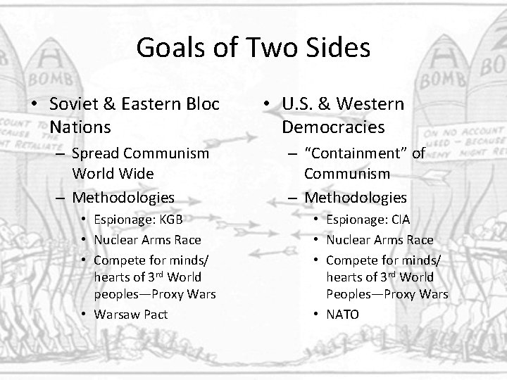 Goals of Two Sides • Soviet & Eastern Bloc Nations – Spread Communism World