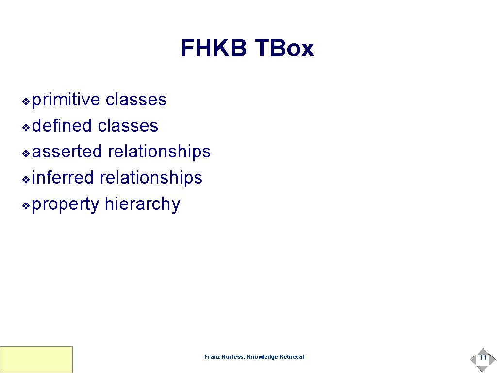 FHKB TBox primitive classes ❖defined classes ❖asserted relationships ❖inferred relationships ❖property hierarchy ❖ Franz