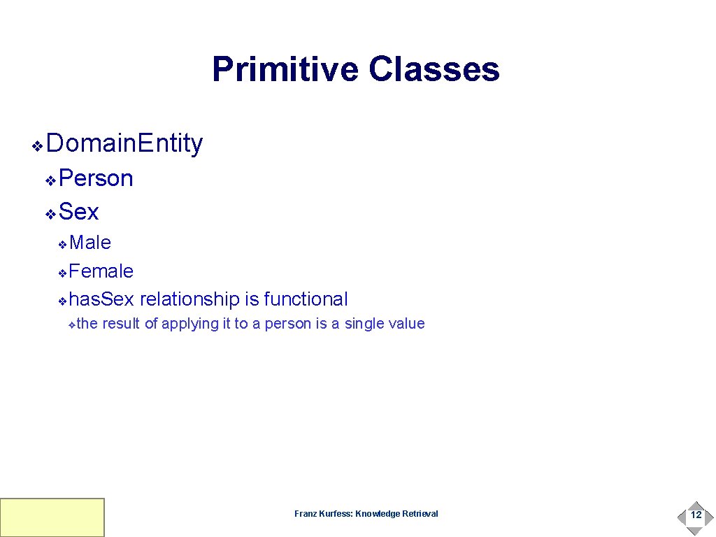 Primitive Classes Domain. Entity ❖ Person ❖Sex ❖ Male ❖Female ❖has. Sex relationship is