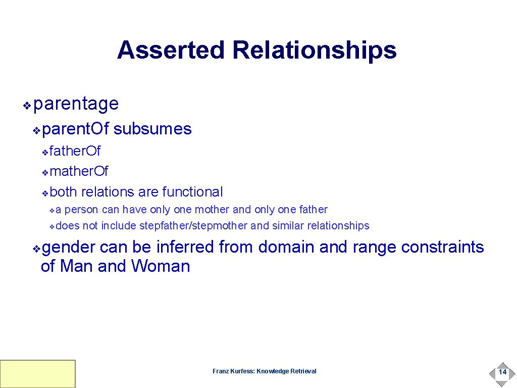 Asserted Relationships parentage ❖ parent. Of subsumes ❖ father. Of ❖mather. Of ❖both relations