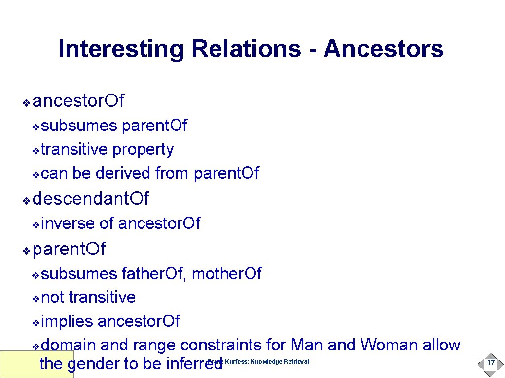 Interesting Relations - Ancestors ancestor. Of ❖ subsumes parent. Of ❖transitive property ❖can be
