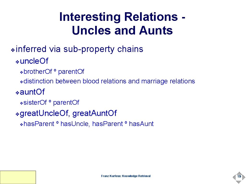 Interesting Relations Uncles and Aunts inferred via sub-property chains ❖ uncle. Of ❖ brother.