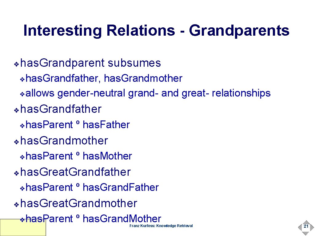 Interesting Relations - Grandparents has. Grandparent subsumes ❖ has. Grandfather, has. Grandmother ❖allows gender-neutral