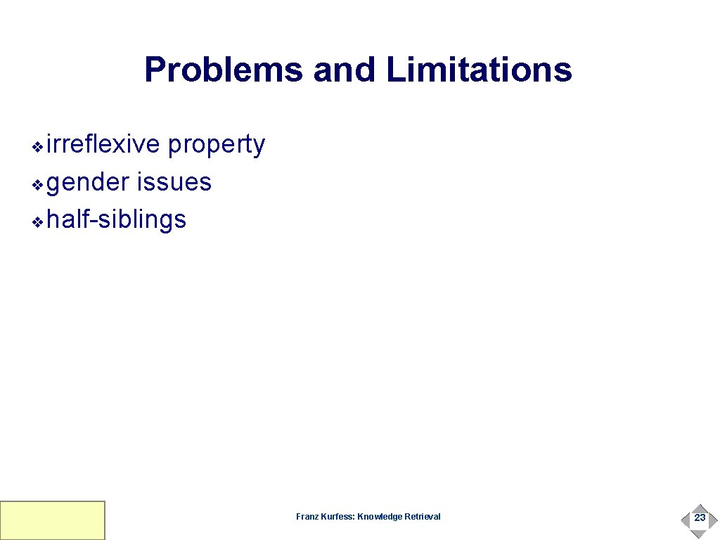 Problems and Limitations irreflexive property ❖gender issues ❖half-siblings ❖ Franz Kurfess: Knowledge Retrieval 23