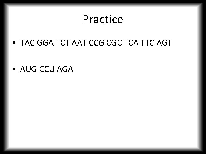 Practice • TAC GGA TCT AAT CCG CGC TCA TTC AGT • AUG CCU