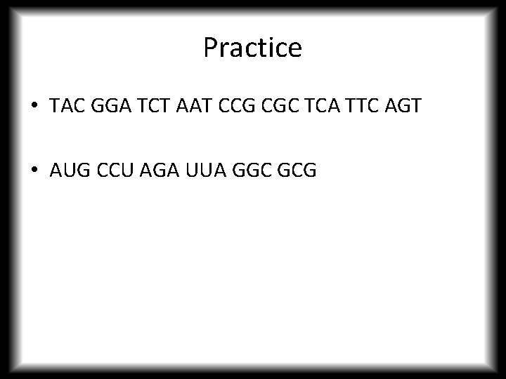 Practice • TAC GGA TCT AAT CCG CGC TCA TTC AGT • AUG CCU
