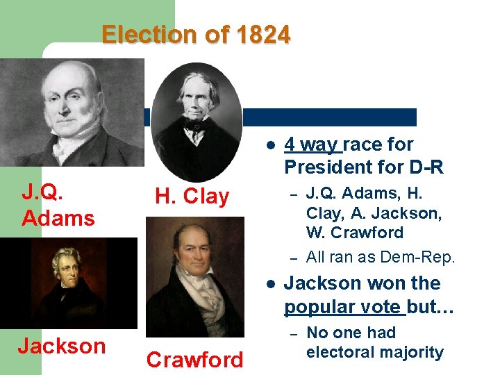 Election of 1824 l J. Q. Adams H. Clay 4 way race for President