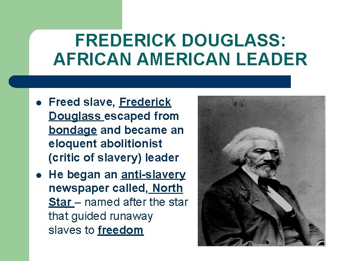 FREDERICK DOUGLASS: AFRICAN AMERICAN LEADER l l Freed slave, Frederick Douglass escaped from bondage