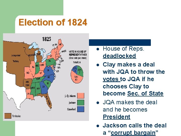 Election of 1824 l l House of Reps. deadlocked Clay makes a deal with