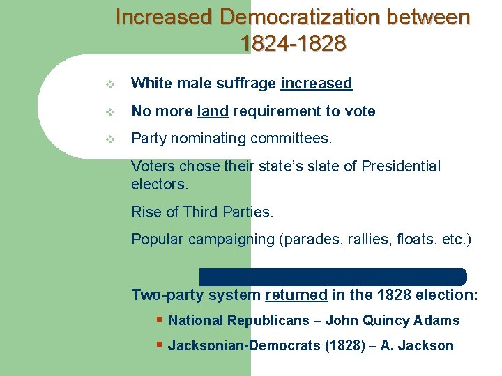 Increased Democratization between 1824 -1828 v White male suffrage increased v No more land