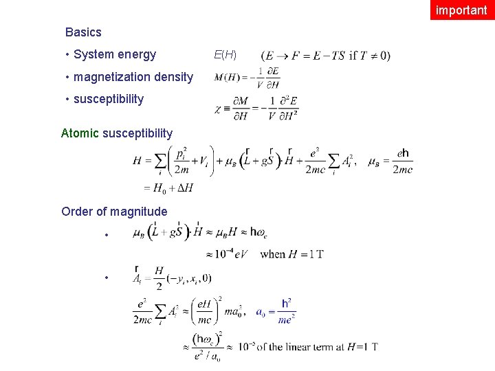 important Basics • System energy • magnetization density • susceptibility Atomic susceptibility Order of