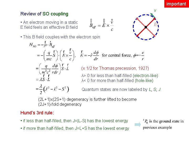 important v Review of SO coupling • An electron moving in a static E