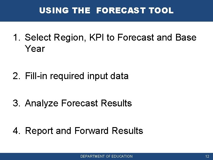 USING THE FORECAST TOOL 1. Select Region, KPI to Forecast and Base Year 2.