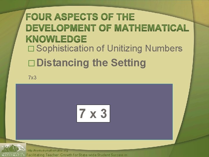 � Sophistication � Distancing of Unitizing Numbers the Setting 7 x 3 http: //kentuckymathematics.