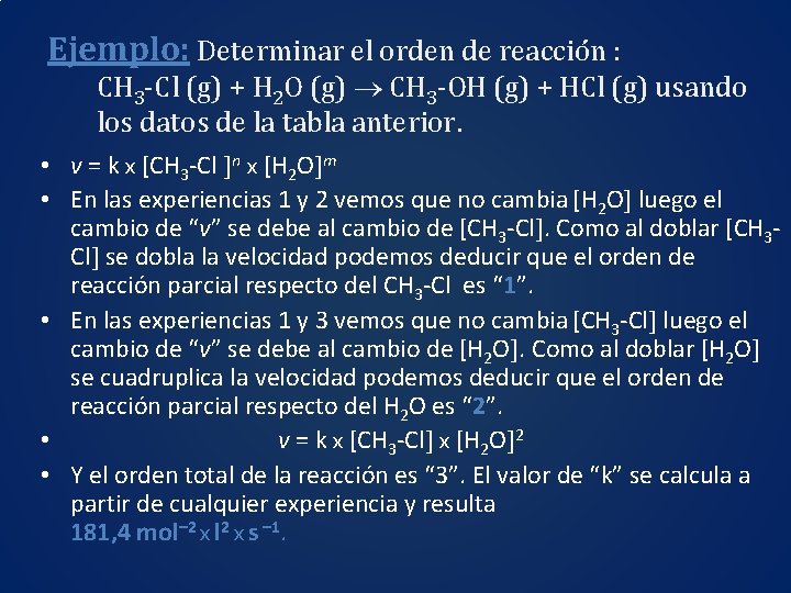 Ejemplo: Determinar el orden de reacción : CH 3 -Cl (g) + H 2