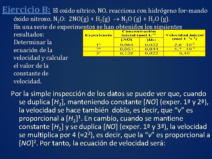 Ejercicio B: El oxido nítrico, NO, reacciona con hidrógeno for-mando óxido nitroso, N 2