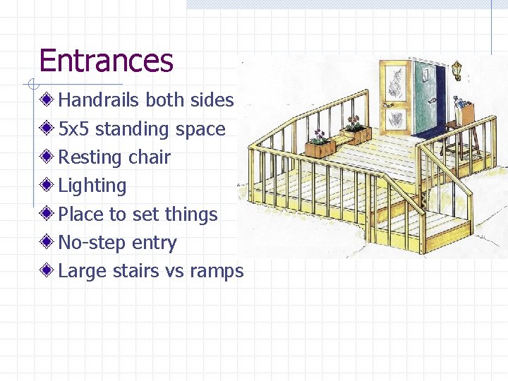 Entrances Handrails both sides 5 x 5 standing space Resting chair Lighting Place to