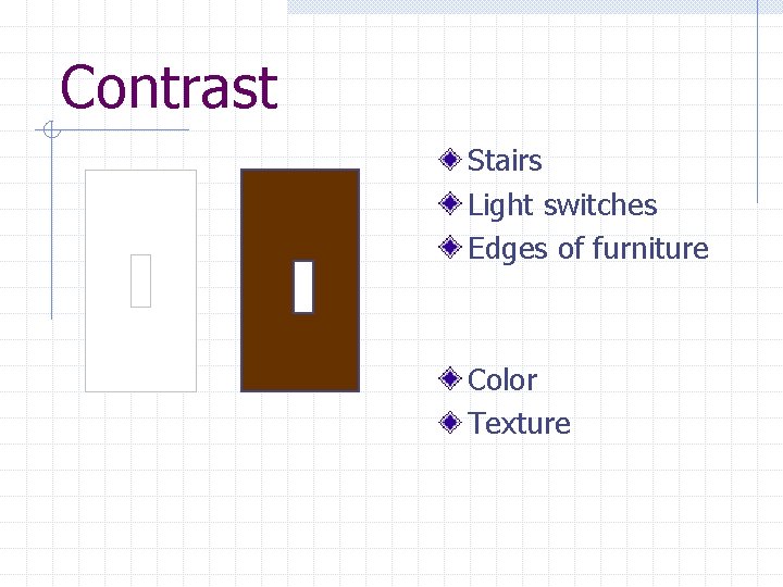 Contrast Stairs Light switches Edges of furniture Color Texture 