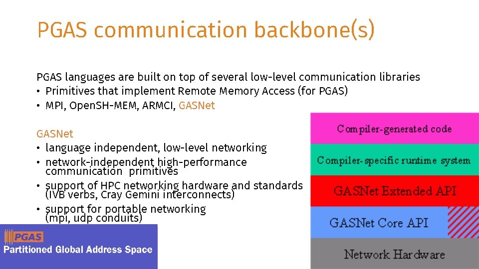 PGAS communication backbone(s) PGAS languages are built on top of several low-level communication libraries