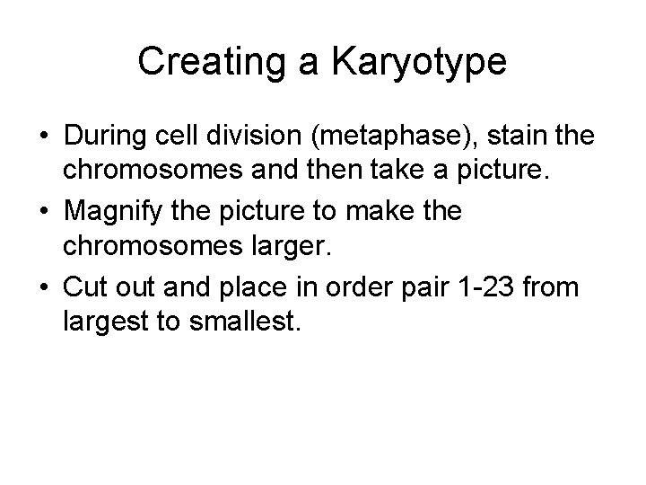 Creating a Karyotype • During cell division (metaphase), stain the chromosomes and then take