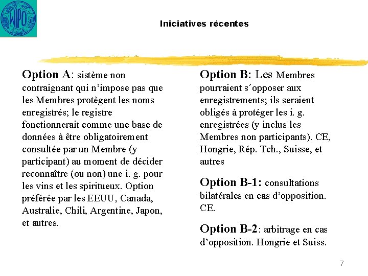 Iniciatives récentes Option A: sistème non Option B: Les Membres contraignant qui n’impose pas