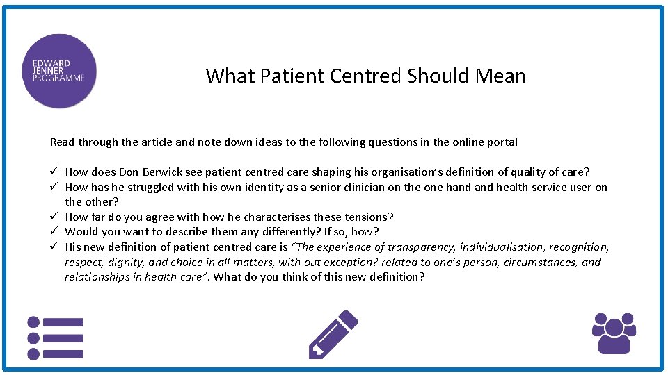 What Patient Centred Should Mean Read through the article and note down ideas to