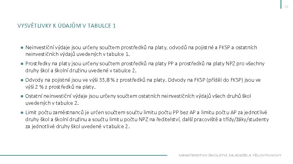 11 VYSVĚTLIVKY K ÚDAJŮM V TABULCE 1 ● Neinvestiční výdaje jsou určeny součtem prostředků