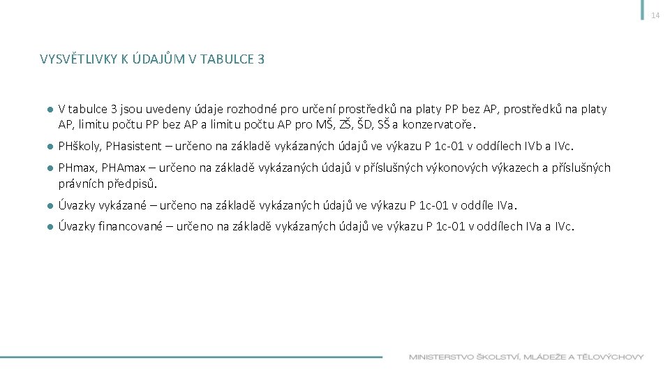 14 VYSVĚTLIVKY K ÚDAJŮM V TABULCE 3 ● V tabulce 3 jsou uvedeny údaje