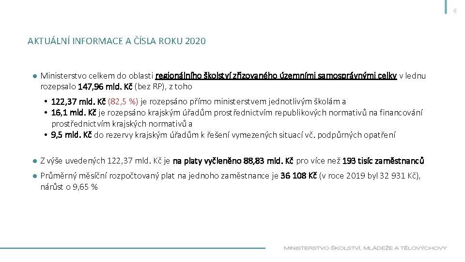 6 AKTUÁLNÍ INFORMACE A ČÍSLA ROKU 2020 ● Ministerstvo celkem do oblasti regionálního školství