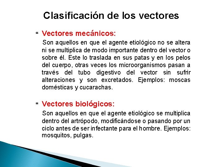 Clasificación de los vectores Vectores mecánicos: Son aquellos en que el agente etiológico no