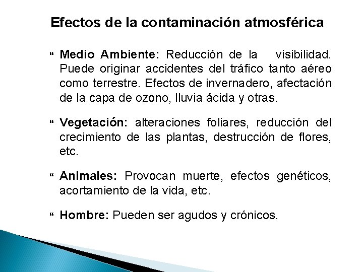 Efectos de la contaminación atmosférica Medio Ambiente: Reducción de la visibilidad. Puede originar accidentes