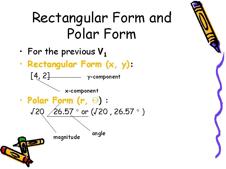 Rectangular Form and Polar Form • For the previous V 1 • Rectangular Form