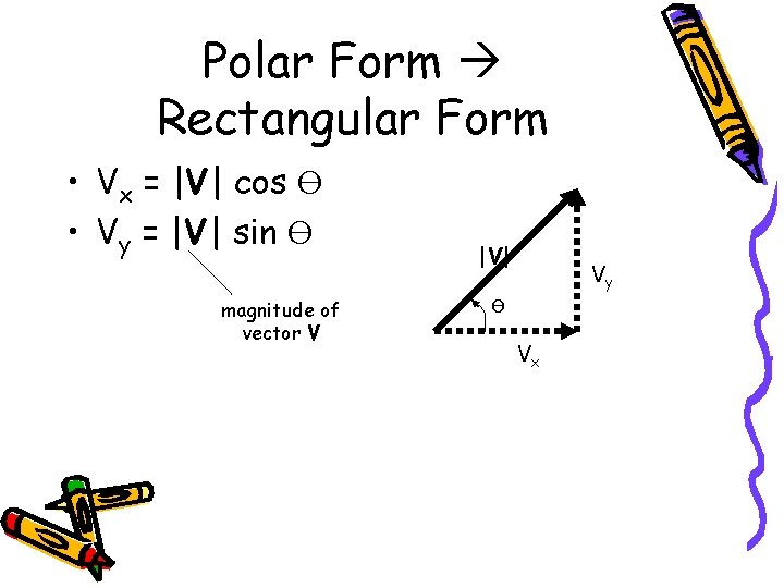 Polar Form Rectangular Form • Vx = |V| cos Ө • Vy = |V|