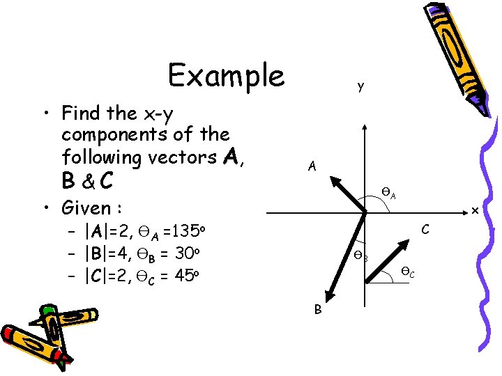 Example • Find the x-y components of the following vectors A, B&C • Given