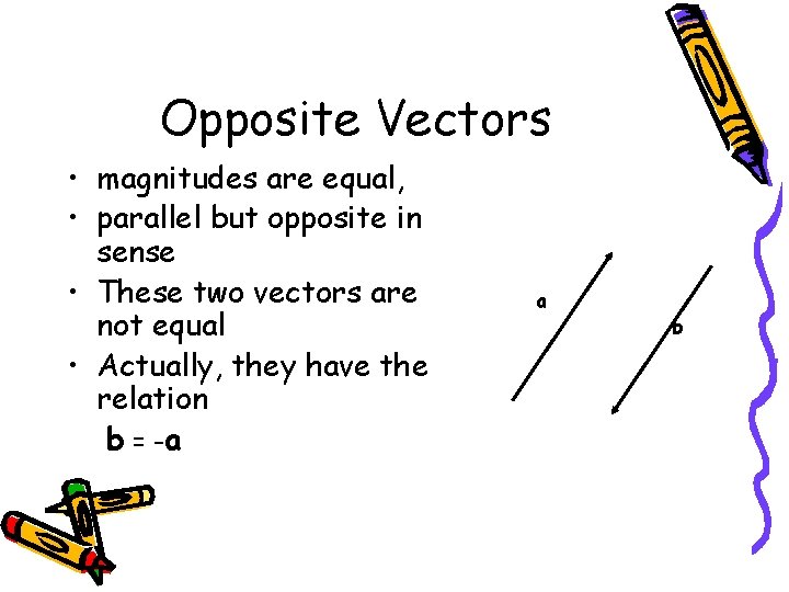 Opposite Vectors • magnitudes are equal, • parallel but opposite in sense • These