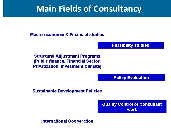 Main Fields of Consultancy Macro-economic & Financial studies Feasibility studies Structural Adjustment Programs (Public