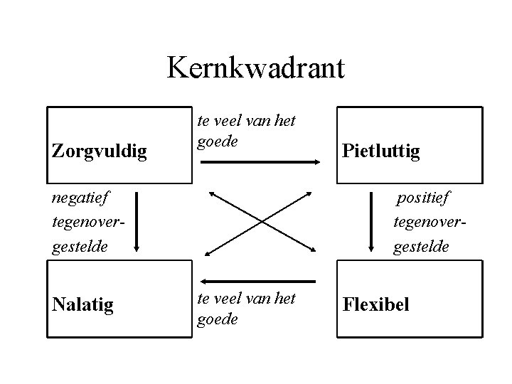 Kernkwadrant Zorgvuldig te veel van het goede negatief tegenovergestelde Nalatig Pietluttig positief tegenovergestelde te