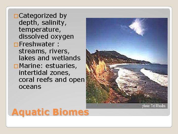 �Categorized by depth, salinity, temperature, dissolved oxygen �Freshwater : streams, rivers, lakes and wetlands